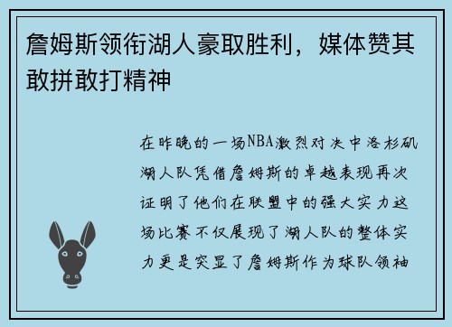 詹姆斯领衔湖人豪取胜利，媒体赞其敢拼敢打精神